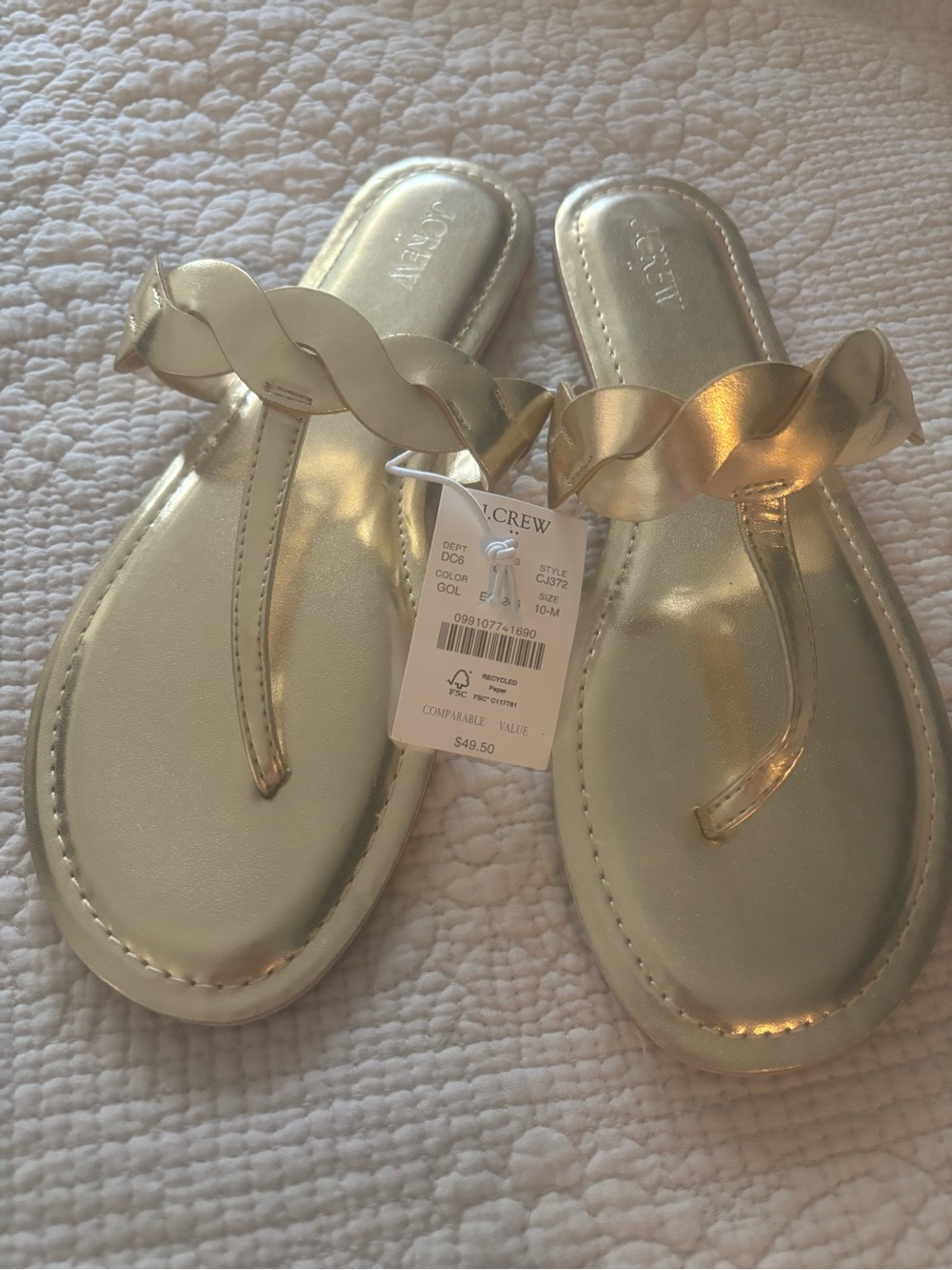 NWT J Crew Gold flat sandals thong sz 10